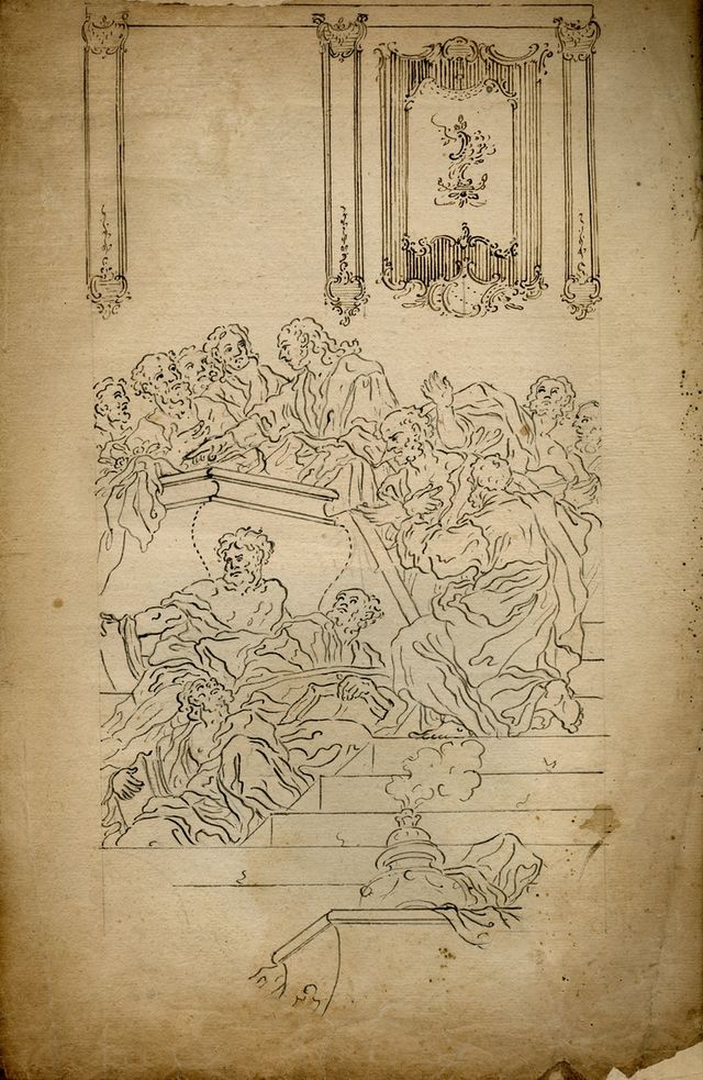 Gli Apostoli intorno al sepolcro della Vergine (recto), Abbozzo di boiserie (recto), Paesaggio (verso), Motivi decorativi (verso) (disegno, opera isolata) - ambito molisano (seconda metà XVIII)