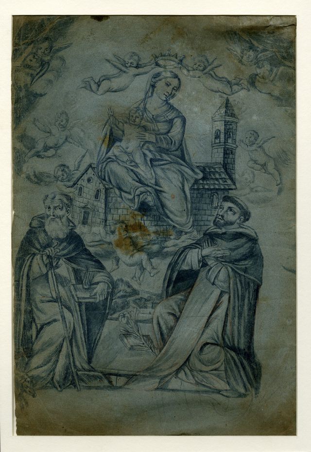 Madonna con Bambino con i Santi Antonio Abate e Domenico ( recto), Santa Martire (verso) (disegno, opera isolata) di Brunetti Benedetto (attribuito) - ambito molisano (seconda metà XVII)