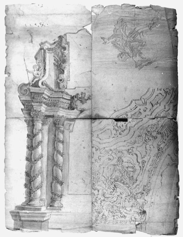 Studio per una cona (recto), Studio per la decorazione di una volta (recto), Abbozzo di figura di profeta (recto), Veduta di S. Martino (verso), Scena biblica (verso), Scena pastorale (verso) (disegno, opera isolata) di Brunetti Ciriaco - ambito molisano (seconda metà, ultimo quarto XVIII, XVIII)