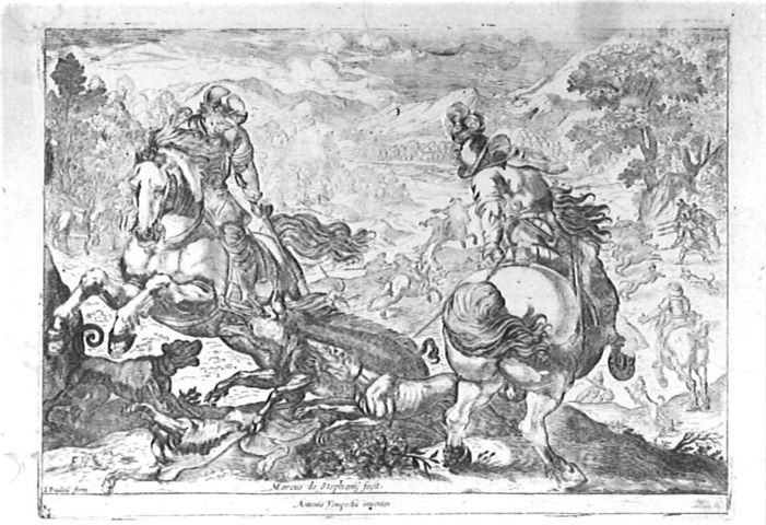Caccia al cinghiale (stampa, elemento d'insieme) di Paulini Giacomo, Tempesta Antonio, De Stefanis Marco (metà/ metà XVI-XVII)