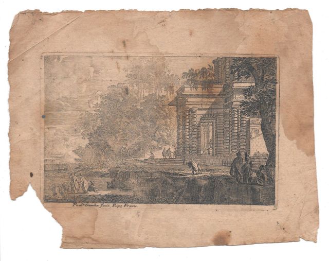 Paesaggio agreste con figure e architetture (stampa, elemento d'insieme) di Gamba Paolo (XVIII)