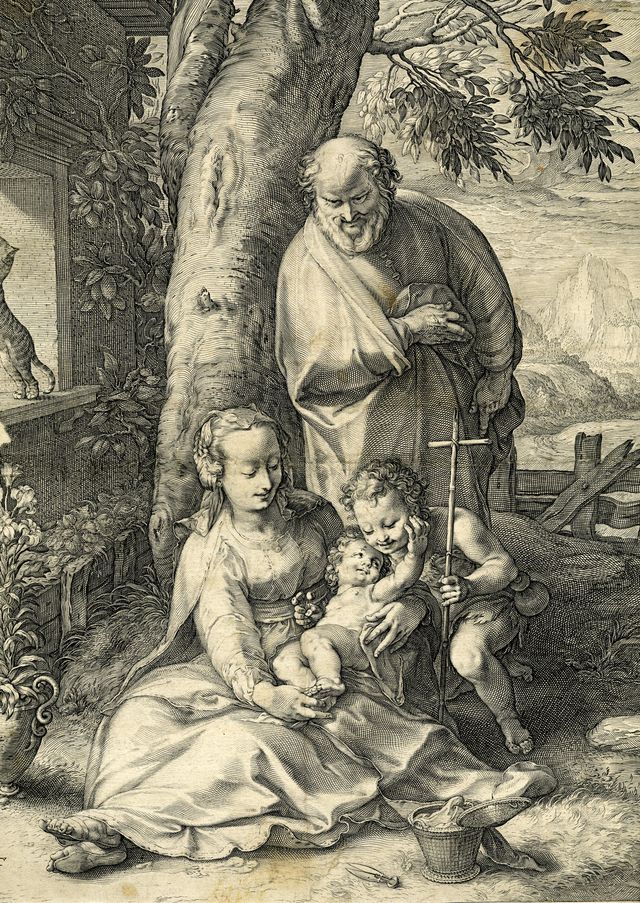 Sacra Famiglia con San Giovanni Battista bambino (stampa, elemento d'insieme) di Goltzius Hendrick (XVI)