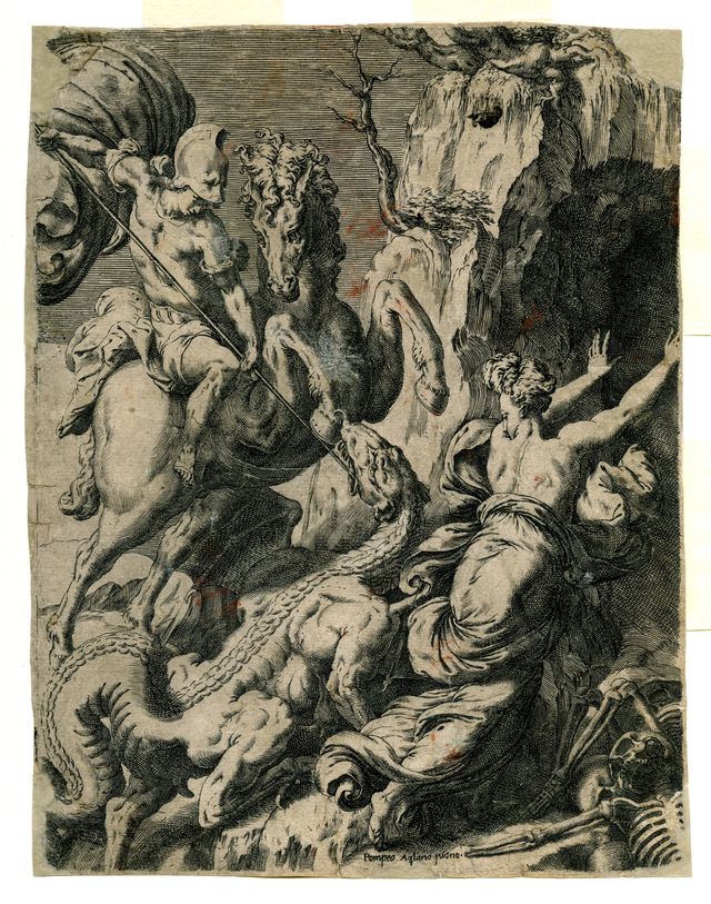 San Giorgio e il drago (stampa, elemento d'insieme) di Pompeo Aquilano (seconda metà XVI)