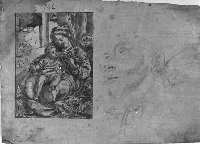 Sacra Famiglia (recto), Testa di Santo (recto), Studio di testa femmile (verso), Studio di testa maschile (verso) (disegno, opera isolata) di Brunetti Ciriaco (seconda metà XVIII)