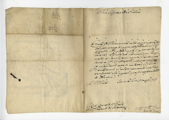 Lettera del 1765 (recto, facciata destra), Studio angolare di parete (verso, facciata destra), Abbozzo di decorazione angolare (verso, facciata sinistra) (disegno, opera isolata) - ambito Italia centro-meridionale (terzo quarto, ultimo quarto XVIII, XVIII)