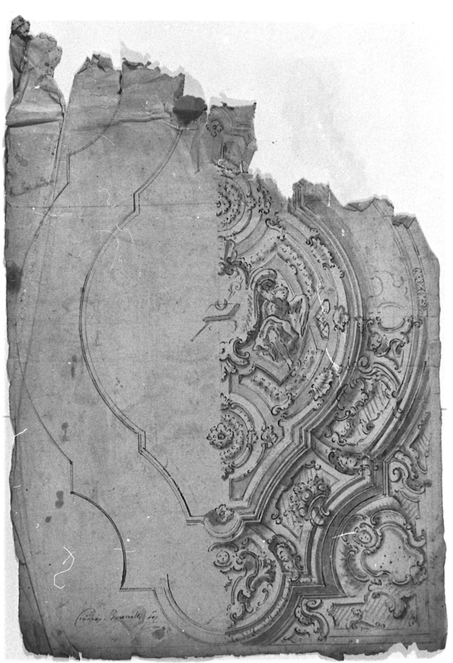 Progetto per decorazione di volta (recto), Mensola ornamentale architettonica con figure decorative (verso) (disegno, opera isolata) di Brunetti Ciriaco, Brunetti Ciriaco (attribuito) (metà XVIII)