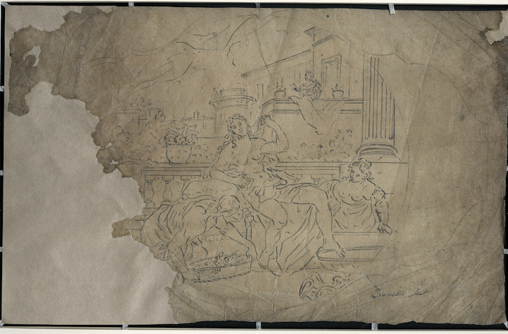 Betsabea al bagno (recto), Abbozzi di motivi decorativi a fascia (verso) (disegno, opera isolata) di Brunetti Ciriaco, Brunetti Ciriaco (attribuito) (metà XVIII)