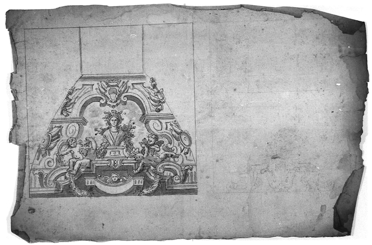 Comparto decorativo con busto inghirlandato (recto), Due angolari di volte (verso) (disegno, opera isolata) di Brunetti Ciriaco (attribuito) (XVIII)