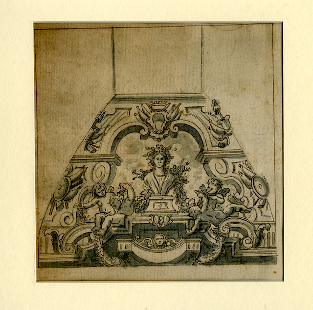 Comparto decorativo con busto inghirlandato (recto), Due angolari di volte (verso) (disegno, opera isolata) di Brunetti Ciriaco (attribuito) (XVIII)