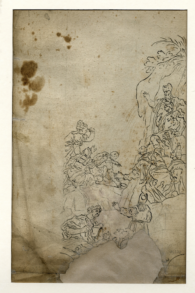 Abbozzo di storia biblica (recto), Studio di parete o di volta (verso) (disegno, opera isolata) - ambito Italia centro-meridionale (XVIII)