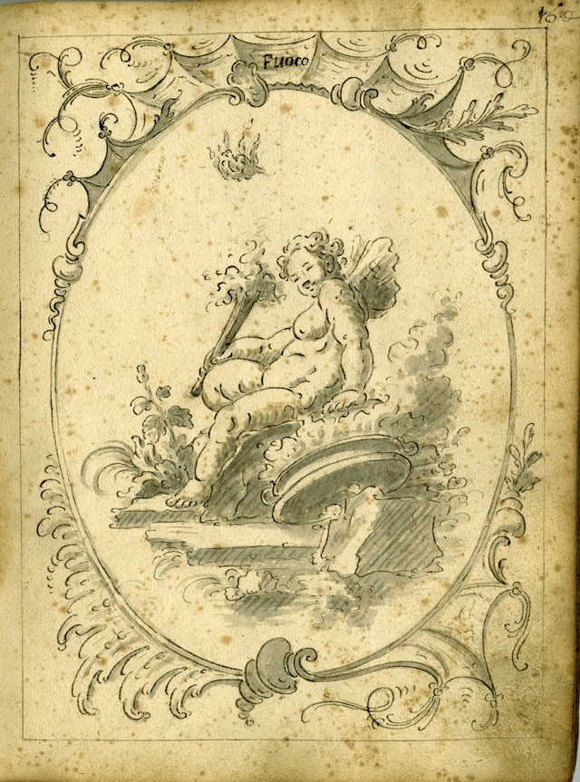 Il Fuoco, Studio di elementi decorativi, Studio per la decorazione di un soffitto (taccuino di disegni, elemento d'insieme) di Brunetti Ciriaco (attribuito) (seconda metà XVIII)