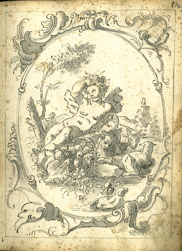 La Terra, Studio di elementi decorativi, Studio per la decorazione di un soffitto (taccuino di disegni, elemento d'insieme) di Brunetti Ciriaco (attribuito) (seconda metà XVIII)