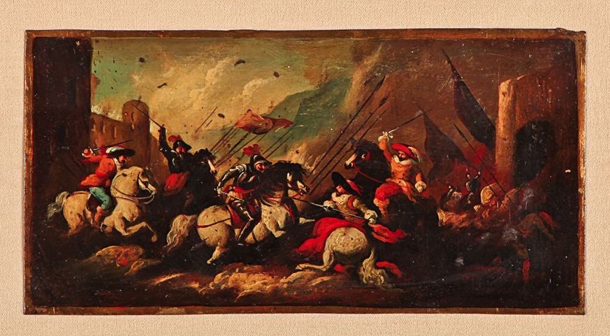 Battaglia fra cavalieri, scena di battaglia (dipinto, pendant) - ambito italiano (XVIII)