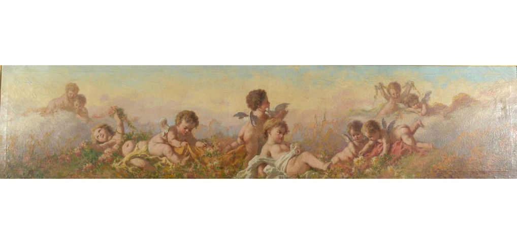 Angeli, angeli con ghirlande di fiori (dipinto) di Napoli Guglielmo (XIX/ XX)