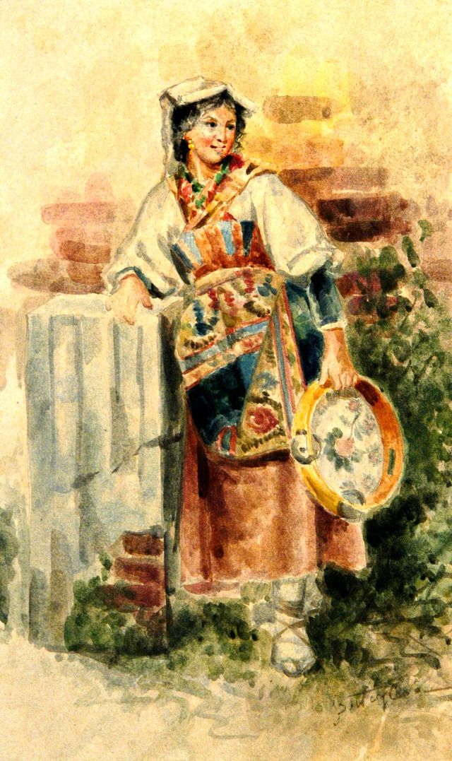 Donna in costume popolare, figure femminili (disegno, pendant) di Battaglia Alessandro (inizio XX)