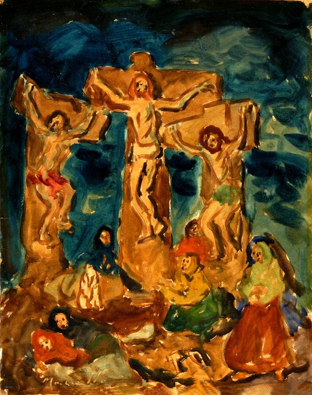 Golgota, crocifissione di Cristo con i due ladroni (disegno) di Scarano Marcello (metà XX)