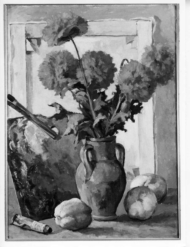 Vaso di fiori con frutta e tavolozza, natura morta (dipinto) di Esposito Gaetano (attribuito) (fine XIX)