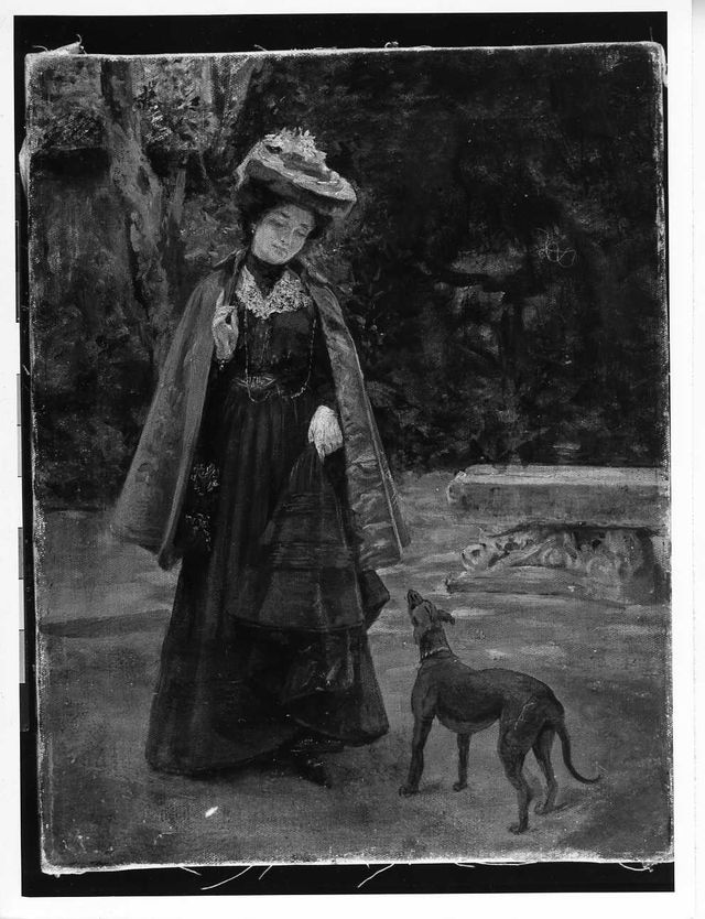Donna con cagnolino, figura femminile con cagnolino (dipinto) di de Lisio Arnaldo (attribuito) (fine XIX)