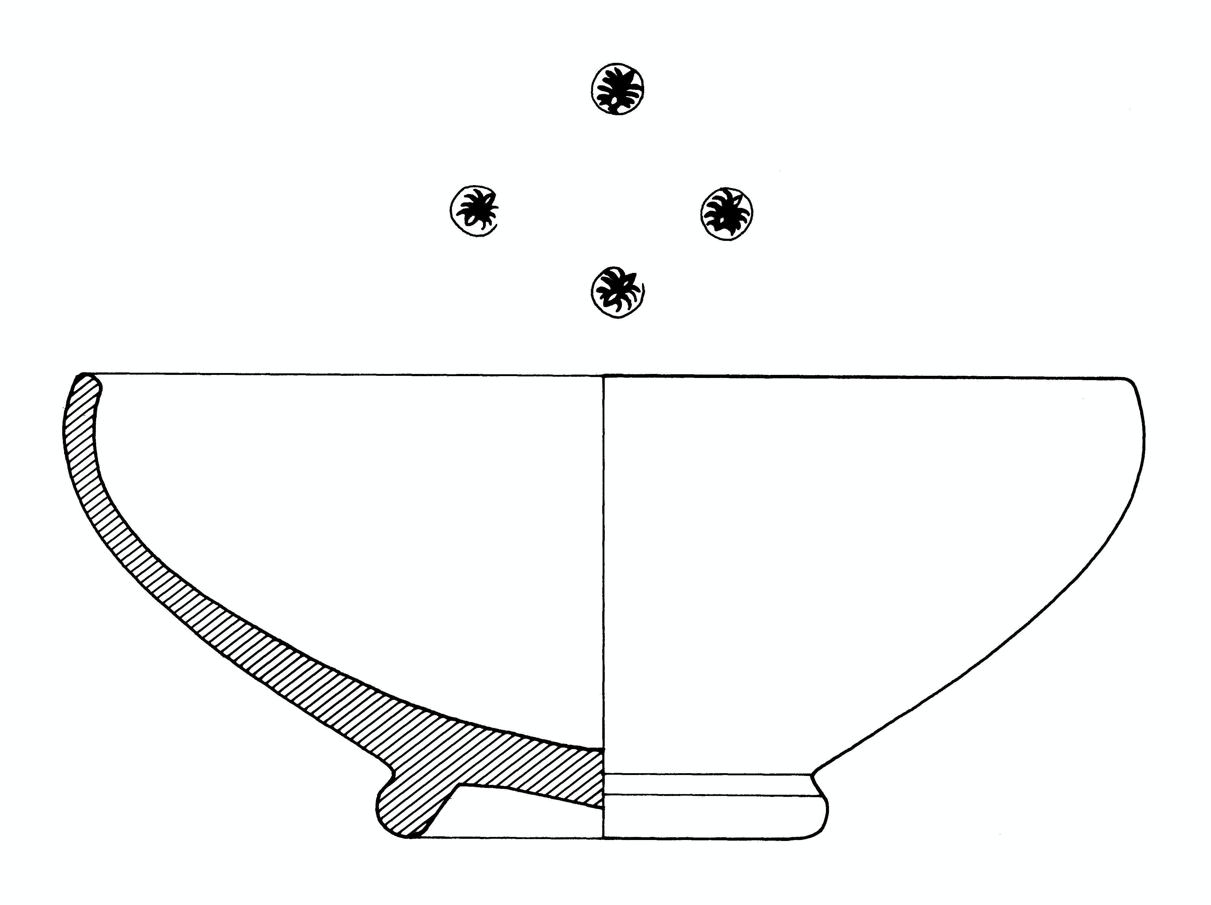 4 impressioni di forma circolare (stampiglie) con palmette stilizzate: cuore a losanga e 4 petali con l'estremità arrotondata su ciascun lato (coppa, forma Lamboglia 27B) - ambiente laziale (Roma?) (primo quarto III a.C)
