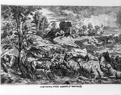 scena pastorale con pastore addormentato (stampa) di Lefebvre Valentin (sec. XVII)