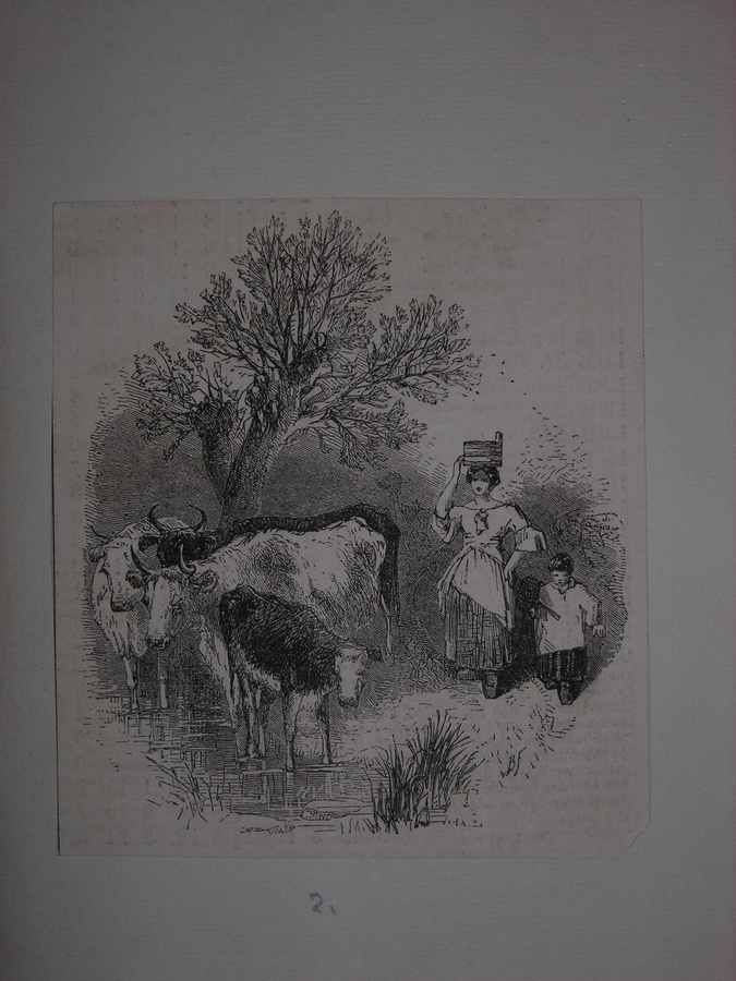 contadina con bambino e mucche (stampa) - ambito europeo (sec. XX)