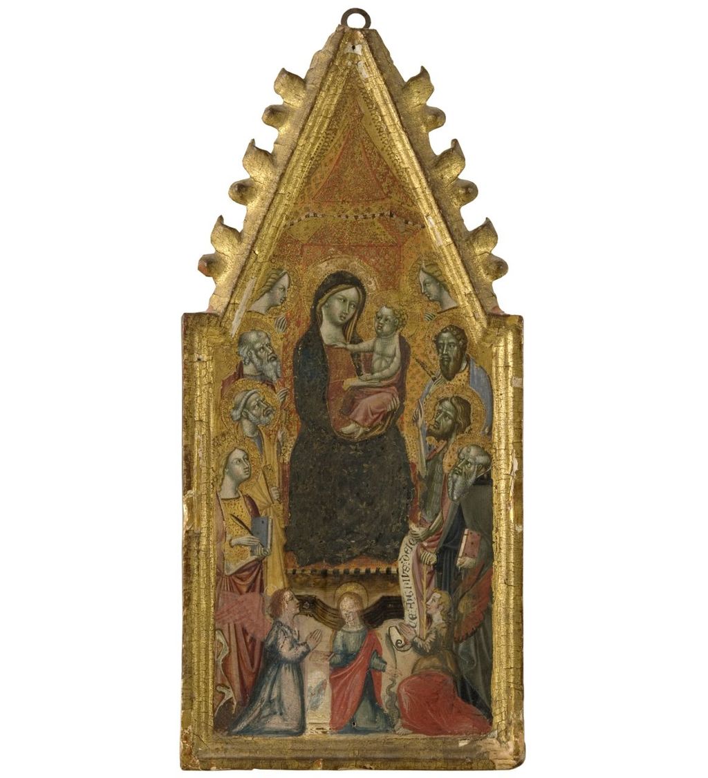 Piccola Maestà, Madonna con Bambino in trono con San Luca, San Pietro, Santa Caterina, San Bartolomeo, San Giovanni Battista e San Giovanni Evangelista (scomparto di trittico) di Cristoforo di Bindaccio detto Malarba (maniera) (ultimo quarto sec. XIV)