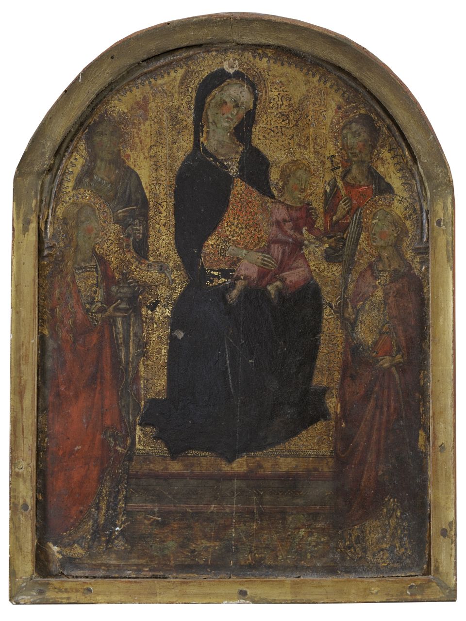 Madonna con Bambino in trono con San Giovanni Battista, Santa Maria Maddalena, San Tommaso e Santa Caterina d'Alessandria (dipinto) di Niccolò di Bonaccorso (cerchia) (sec. XIV)