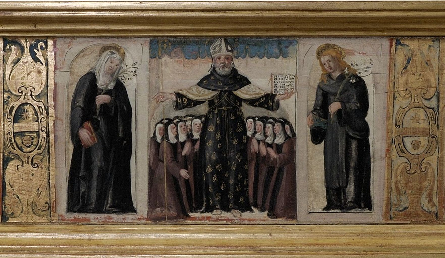 Santo vescovo con monache in preghiera tra Santa Caterina da Siena e un Santo (scomparto di predella) di Billò Tiberio (sec. XVI)