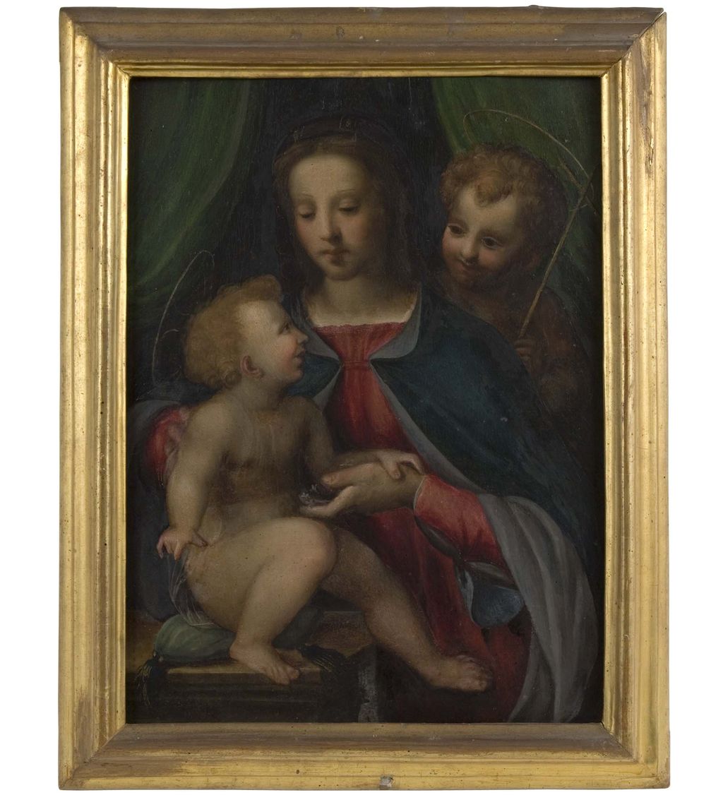 Madonna con Bambino e San Giovannino, Madonna con Bambino e San Giovanni Battista bambino (dipinto) di Bazzi Giovanni Antonio detto Sodoma (maniera) (primo quarto sec. XVI)