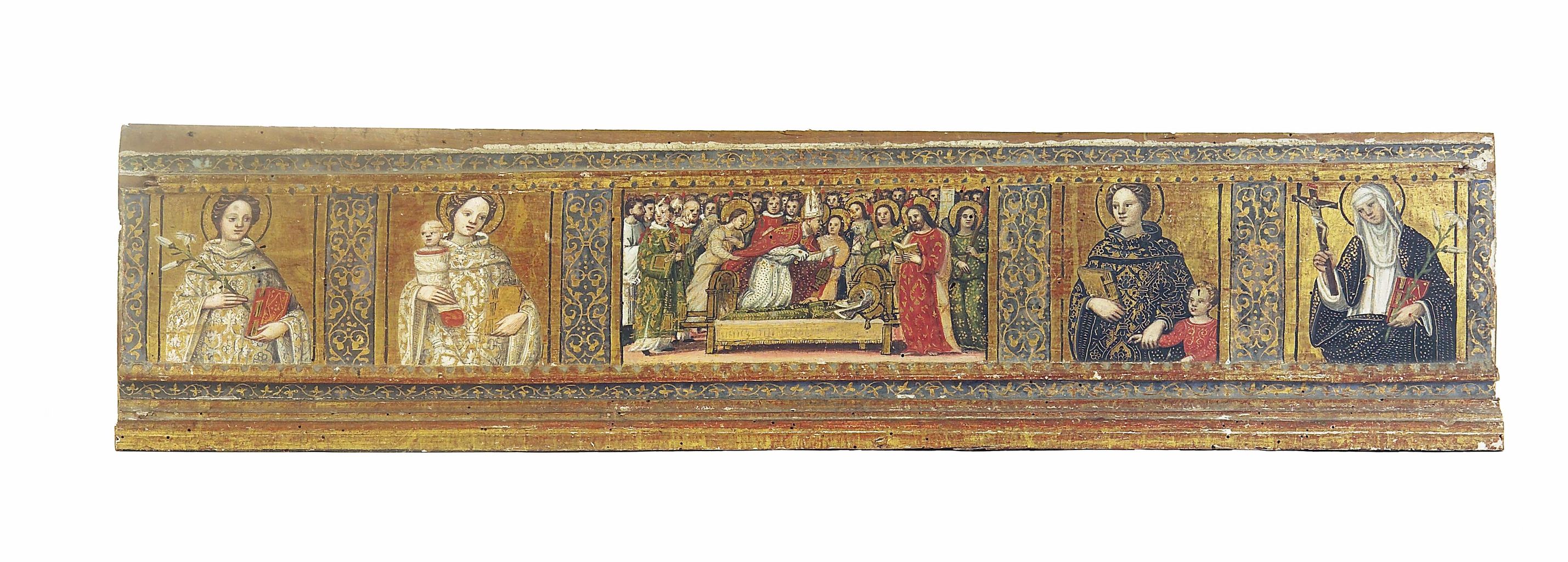 transito della Madonna (?)/ Santa Caterina da Siena/ Sante (predella) di Neroni Bartolomeo detto Riccio (maniera) (sec. XVI)