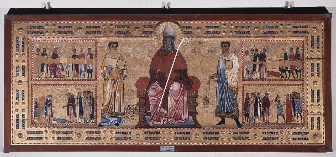 San Zanobi in trono tra i santi diaconi Eugenio e Crescenzio, Storie della vita di san Zanobi (dipinto) di Maestro del Bigallo (sec. XIII)