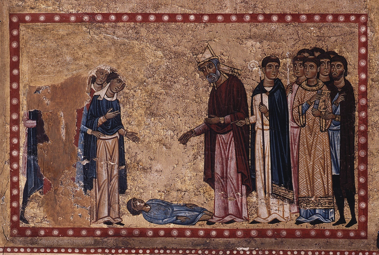 San Zanobi resuscita il figlio di una pellegrina francese (dipinto) di Maestro del Bigallo (sec. XIII)