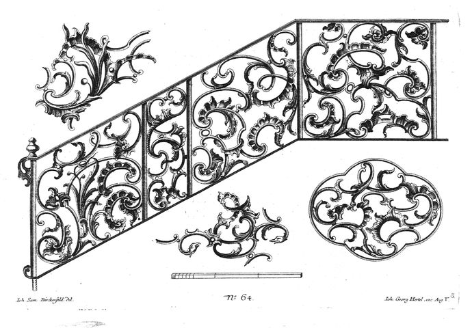 studio di balaustra rocaille; studi di motivi rocaille (stampa, serie) di Birckenfeldt Johann Samuel (metà XVIII)