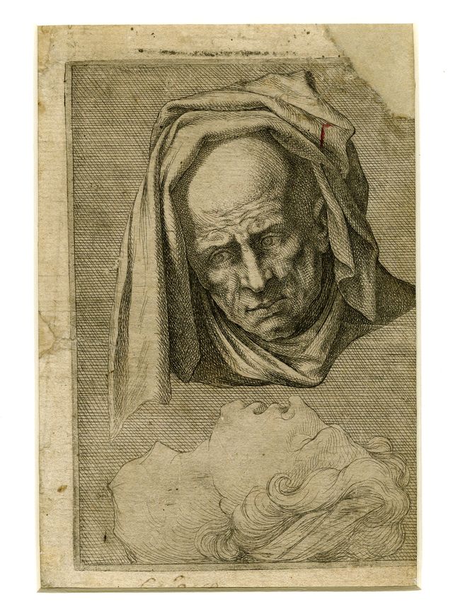 testa di uomo drappeggiata e testa di giovane (stampa) - ambito Italia meridionale (prima metà XVI)