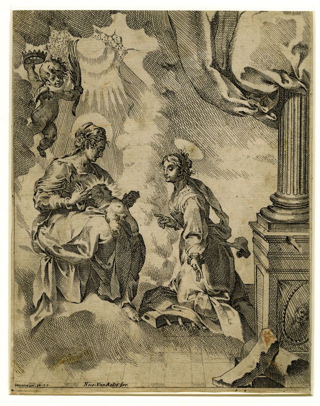 Nozze mistiche di Santa Caterina, Madonna con Bambino, Santa Caterina e angelo (stampa) di Strada Vespasiano (fine/ inizio XVI/ XVII)