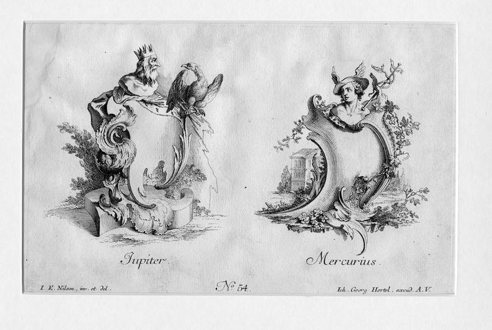 Giove e Mercurio, allegorie con busti di divinità (stampa smarginata, serie) di Nilson Johannes Esasias (attribuito), Wangner Jakob (attribuito) (XVIII)
