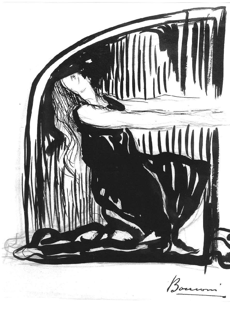 Figura allegorica inginocchiata, figura allegorica femminile (disegno, opera isolata) di Boccioni Umberto - ambito italiano (primo quarto sec. XX)