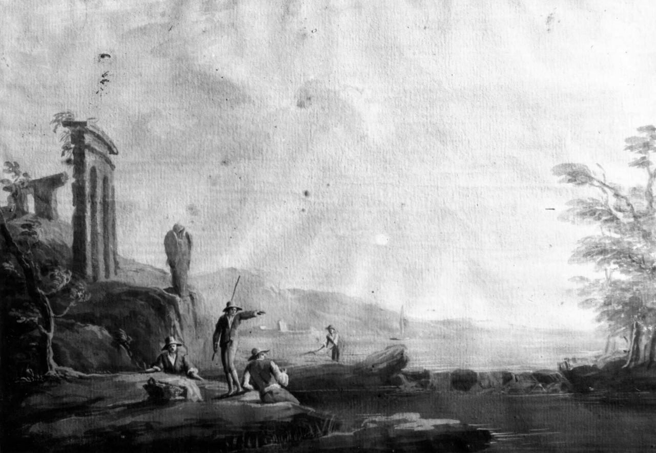 marina con rovine e pescatori al lago (dipinto) - ambito italiano (sec. XVIII)