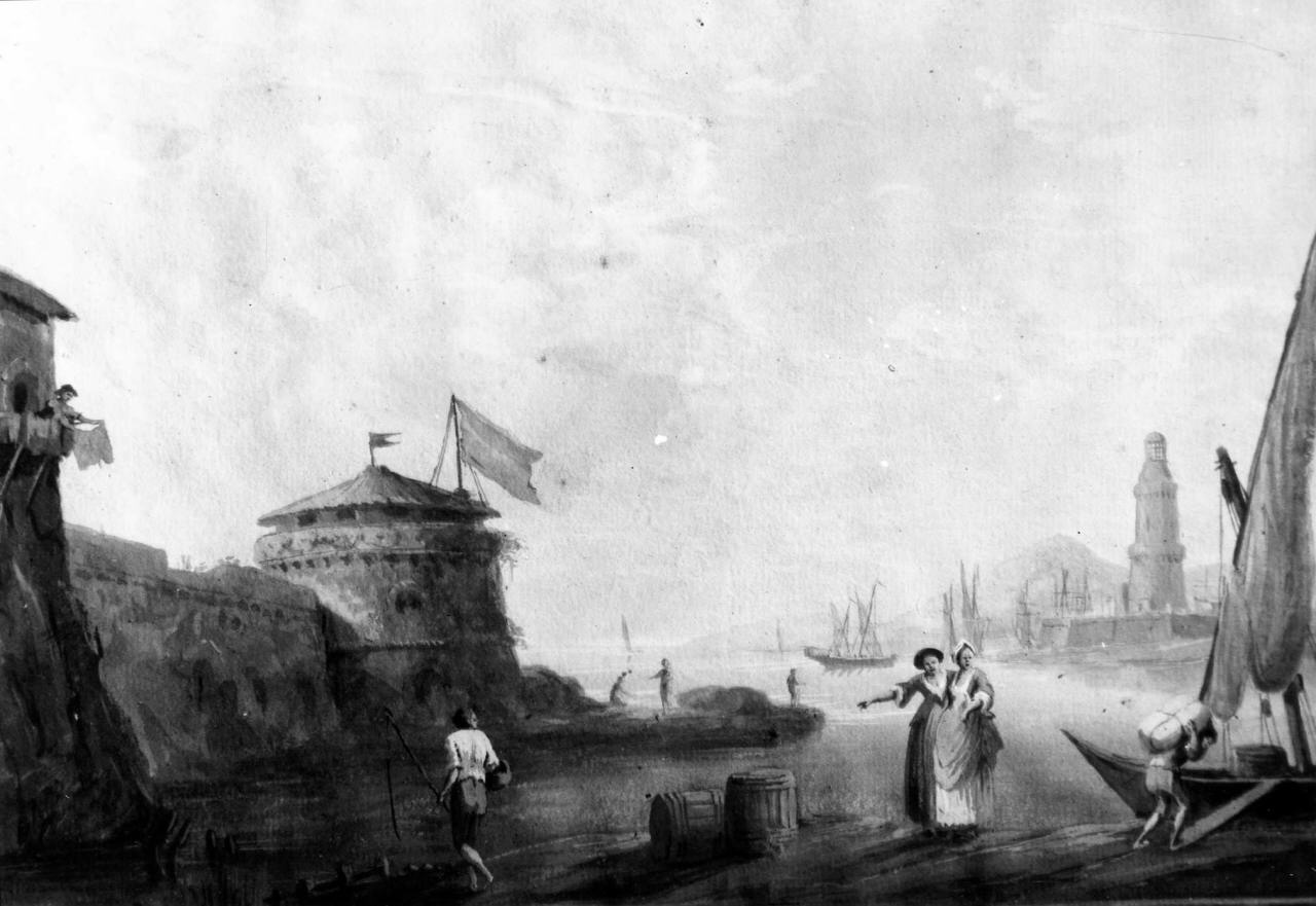 paesaggio con porto (dipinto) - ambito napoletano (sec. XVIII)