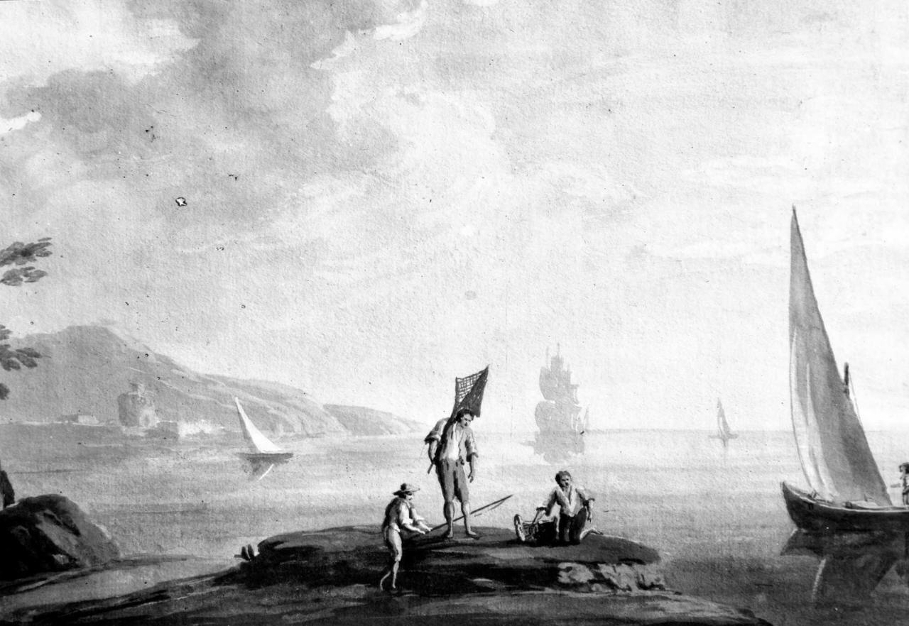 marina con pescatori e barche (dipinto) - ambito italiano (sec. XVIII)