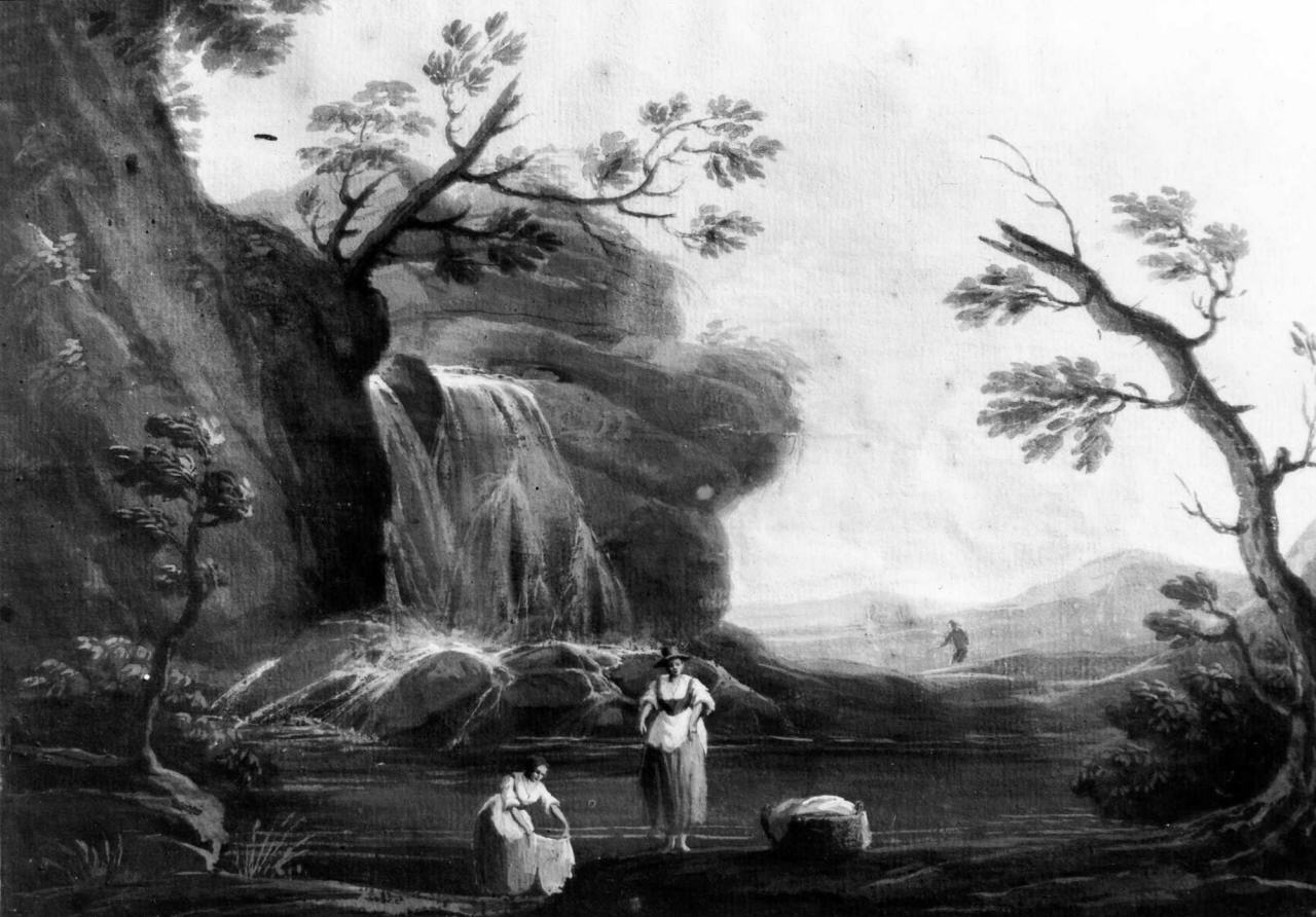 paesaggio con cascata e lavandaie (dipinto) - ambito italiano (sec. XVIII)