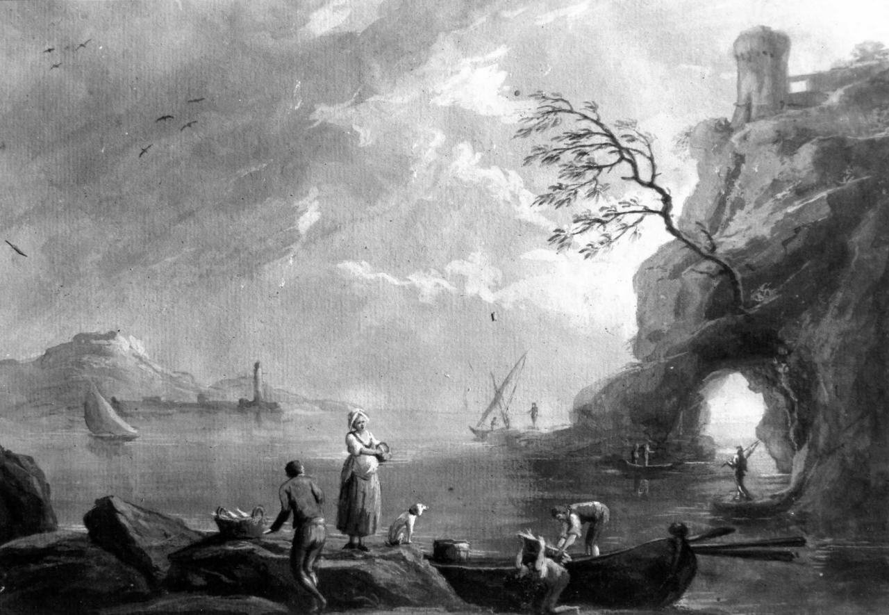 marina con pescatori (dipinto) - ambito italiano (sec. XVIII)