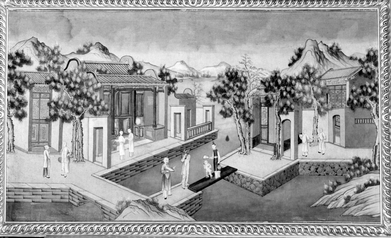 scena di vita cinese con figure (dipinto) - ambito cinese (seconda metà sec. XVIII)