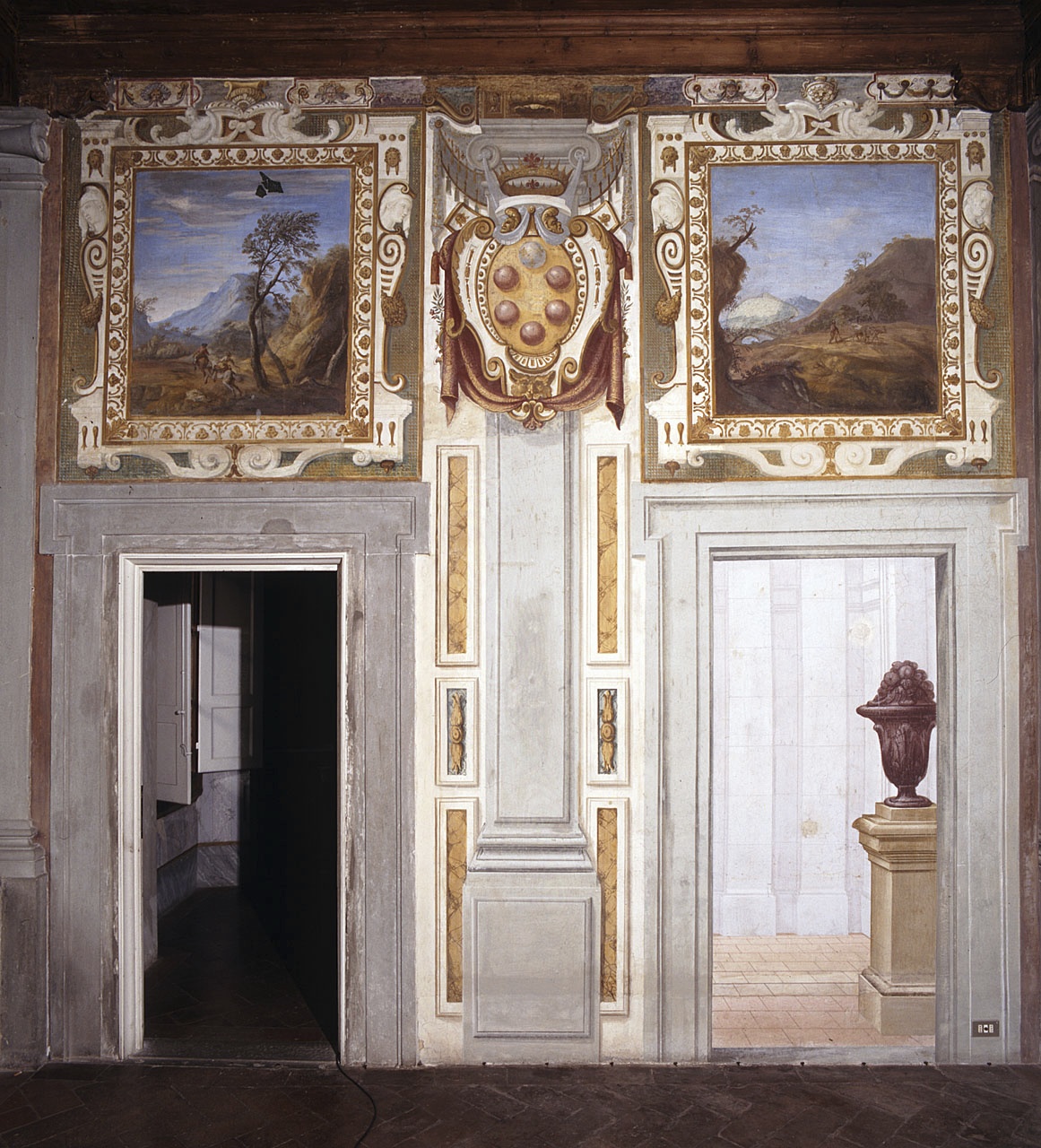 paesaggio con cavalieri, stemma della famiglia Medici, paesaggio con aratore (dipinto, ciclo) di Daddi Cosimo (attribuito) (fine/ inizio secc. XVI/ XVII)