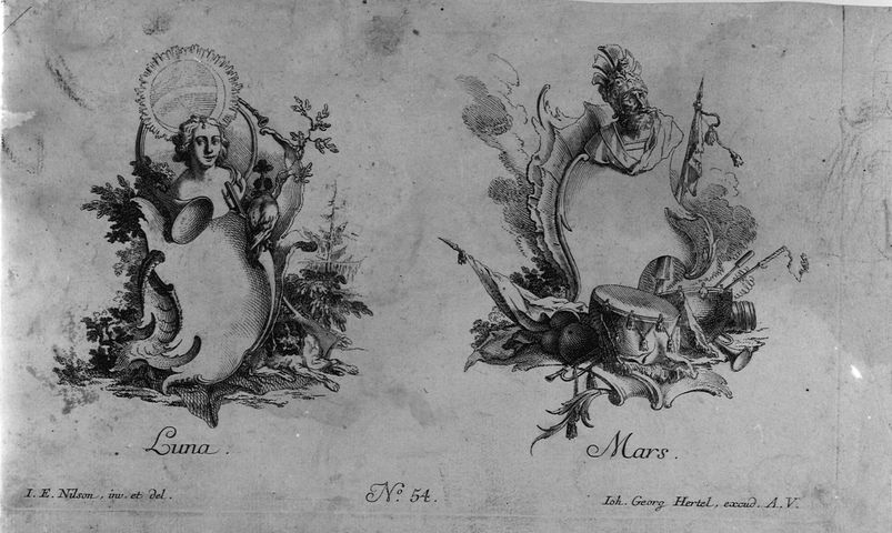 Luna e Marte, allegoria della astronomia (stampa smarginata, serie) di Nilson Johannes Esasias (attribuito), Wangner Jakob (attribuito) (seconda metà XVIII)