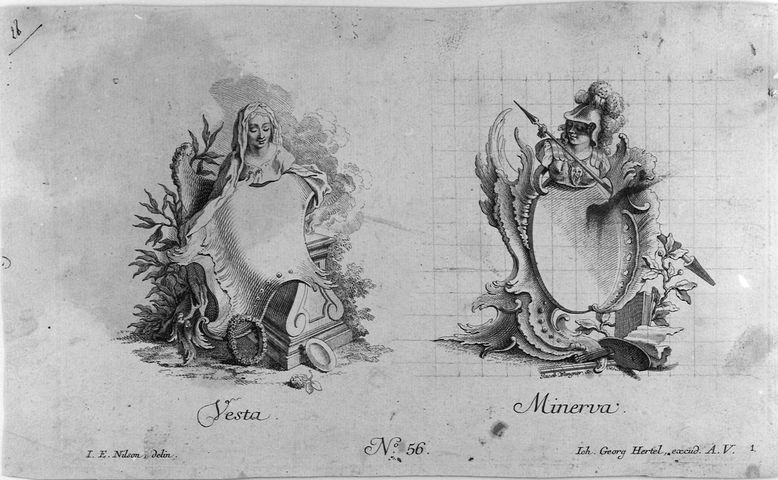Vesta e Minerva, allegoria della astronomia (stampa smarginata, serie) di Nilson Johannes Esasias (attribuito), Wangner Jakob (attribuito) (seconda metà XVIII)
