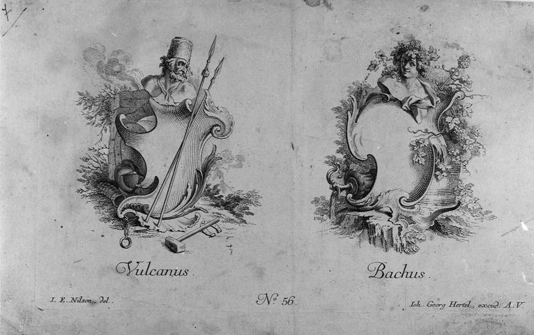 Vulcano e Bacco, allegoria della astronomia (stampa smarginata, serie) di Nilson Johannes Esasias (attribuito), Wangner Jakob (attribuito) (seconda metà XVIII)