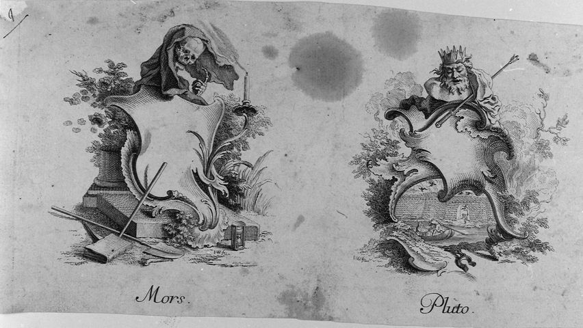 Morte e Plutone, allegorie con busti di divinità (stampa smarginata, serie) di Nilson Johannes Esasias (attribuito), Wangner Jakob (attribuito) (seconda metà XVIII)