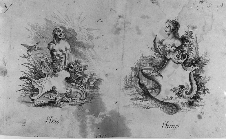 Iside e Giunone, allegorie con busti di divinità (stampa smarginata, serie) di Nilson Johannes Esasias (attribuito), Wangner Jakob (attribuito) (seconda metà XVIII)