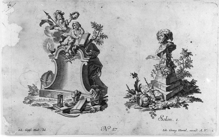 Solon, allegoria del tempo e della storia/ allegoria con busto di filosofo (stampa, serie) di Haid Johann Gottfried (attribuito) (metà XVIII)